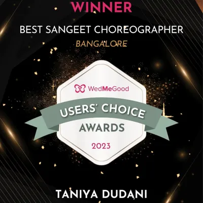 We are so proud to be a WedMeGood Users' Choice Award Winner for 2023. This recognition as Best Sangeet Choreographer in Bangalore is a testament to the hard work of our team and the love from our amazing clients.