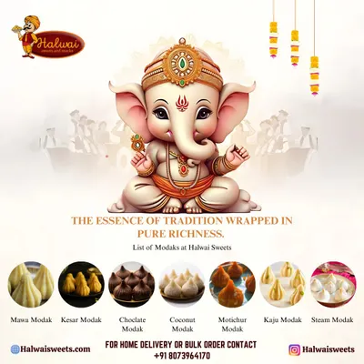 The essence of tradition wrapped in pure richness. For Ganesh Chaturthi, we offer a wide variety of modaks, including Mawa, Kesar, Chocolate, Coconut, Motichur, Kaju, and Steam Modaks.