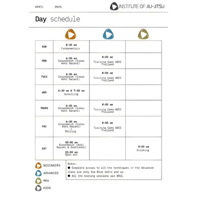 Our day schedule is designed for serious training. It includes morning sessions for Groundwork, Wrestling, and Striking, with specific classes for Beginners and Advanced students, as well as training camps.