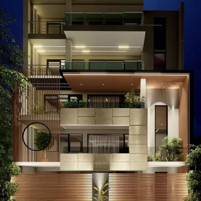 A visualization of a residential building facade, designed to capture the beauty of light and shadow. The design uses a mix of materials, including stone cladding and wood louvers, to create texture and depth. I believe a building should be a visual art piece that speaks for itself.