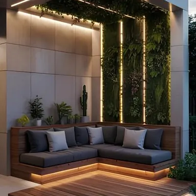 A cozy seating nook made exceptional by a floor-to-ceiling artificial vertical garden. We integrated this green wall with the built-in wooden bench and used LED lighting to highlight its texture.