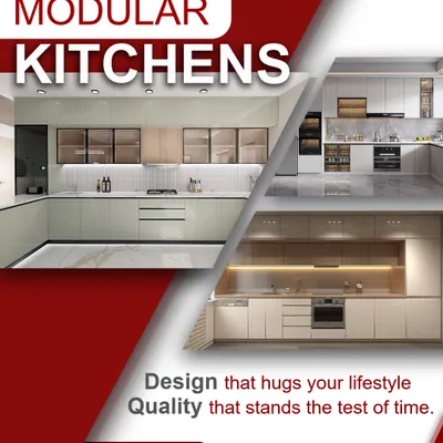 This graphic showcases a variety of our modern kitchen designs, emphasizing our promise of "Design that hugs your lifestyle, Quality that stands the test of time." We offer complete home solutions, including wardrobes, vanities, and TV units.