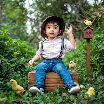 An enchanting outdoor session in a lush garden, complete with cute props like these little chicks.