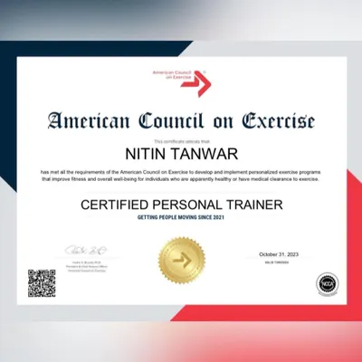 I'm proud to be a Certified Personal Trainer through the American Council on Exercise (ACE). This certification represents months of hard work and study, and it's my commitment to you that I have the expertise to guide your fitness journey safely.