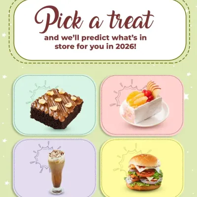 This fun, interactive graphic invites you to choose between four of our offerings: a brownie, a fruit pastry, an iced coffee, and a savory burger. It's a playful post that showcases the variety on our menu beyond just beverages.