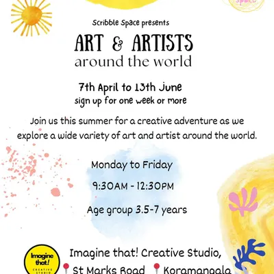 Our flyer for the "Art & Artists around the World" summer camp. This multi-week program offers a creative journey across continents for children aged 3.5 to 7.