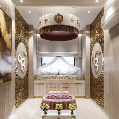 I designed this prayer room as a modern sacred space for quiet devotion. It features intricate jaali panels, symbolic Khanda motifs, and soft, layered lighting to create an atmosphere of spiritual tranquility and reverence.