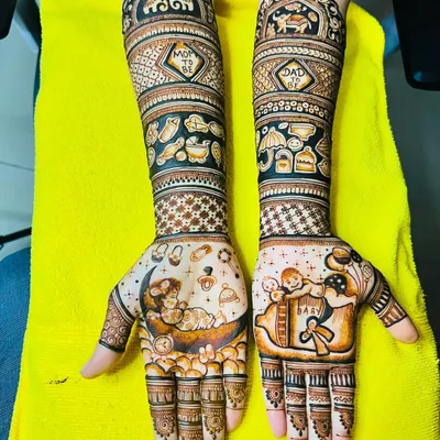 Our signature baby shower design. This full-arm mehndi tells a story with a baby on the moon, a cradle, toys, and "Mom" and "Dad" monograms.