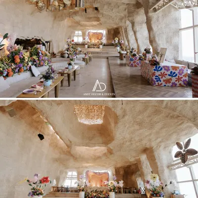 A collage from the "Baby in Bloom" themed baby shower. I transformed the unique, cave-like space at Bastian At The Top with vibrant, oversized flowers and playful decor elements.