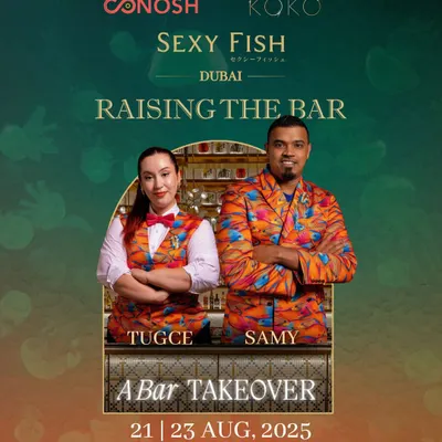 Announcing a two-city tour with Sexy Fish Dubai. This poster details the bar takeover events at KOKO in Bengaluru and Hyderabad, promising avant-garde drinks and next-level vibes from mixologists Tugce and Samy.
