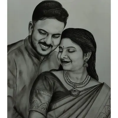 A romantic charcoal portrait of a couple. The black and white medium creates a feeling of timeless elegance, perfect for an anniversary gift.