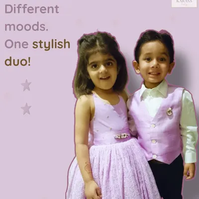 Same genes, different moods, one stylish duo. I love creating coordinated sibling sets like this lilac dress and matching vest for a brother and sister. Perfect for Rakhi or a family wedding.