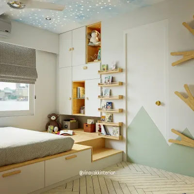 This kids' room is all about maximizing a compact space. A raised platform bed includes under-drawer storage, while the adjacent steps double as a bookshelf, creating a fun and functional reading nook.