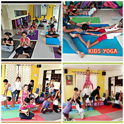 A snapshot of the diverse yoga practices at our camp. We incorporate individual poses, partner work for building connection, and group activities to make learning yoga a joyful and communal experience for children.