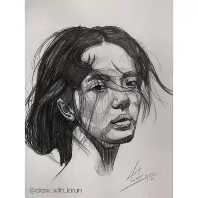 A portrait study focusing on the hatching technique to create form and shadow. Notice how the direction of the lines helps define the structure of the face and the flow of the hair.