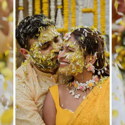 A Haldi ceremony filled with sunshine and laughter. We created a beautiful backdrop of marigolds and tuberoses, perfect for capturing these moments of pure joy.