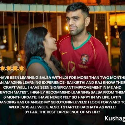 "Latin dancing has changed my serotonin levels! I look forward to weekends all week." This review from Kushagra says it all. This is why we teach, to bring this kind of joy into people's lives.