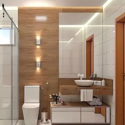 An elegant and warm bathroom design. The combination of wood-paneled walls, white tiles, and smart lighting creates a spa-like feel. The floating vanity adds to the modern look.