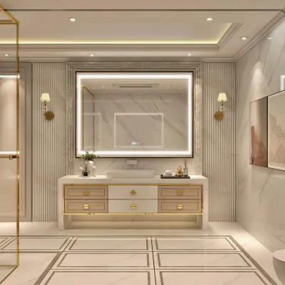 This luxurious washroom is a modern interpretation of classical design. It features floor-to-ceiling marble, a custom vanity with gold hardware, and elegant wall sconces, all arranged with a focus on symmetry and refined detail.