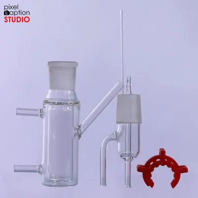 A disassembled view of a complex glass instrument. We shoot components separately to clearly show how they fit together.
