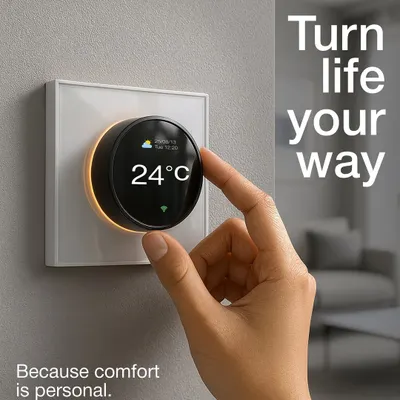 Turn life your way. Our smart thermostat and knob controller puts personal comfort at your fingertips. Adjust the temperature with a simple, satisfying turn.