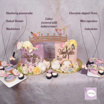 An overview of a beautiful Fairy Garden dessert table, featuring two cakes, blueberry panna cotta, baked donuts, madeleines, cupcakes, and cakesicles.