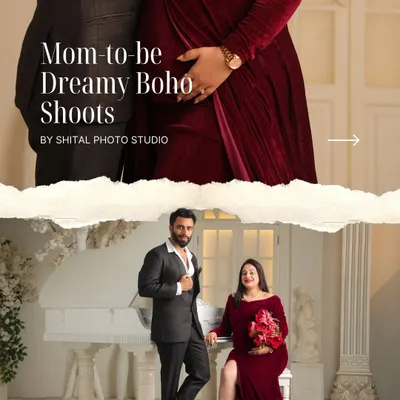 For this session, we created a dreamy, bohemian-inspired look. The rich textures of the velvet gown and the elegant studio setup with a grand piano provide a sophisticated backdrop for these maternity portraits.