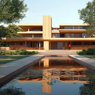 We designed this contemporary eye hospital to be a sanctuary for healing, where architectural form and function create a restorative experience. The design employs a minimalist aesthetic with clean geometric lines, using the interplay of light brown concrete and expansive glass to achieve a balance of solidity and transparency. A prominent water feature provides a tranquil focal point, its reflections enhancing the building's connection to the natural environment and promoting a sense of calm for patients and staff.