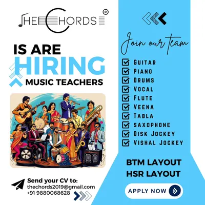 We are hiring. We're looking for passionate music teachers for a wide range of instruments to join our team at our BTM and HSR Layout locations.