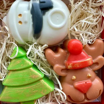 My Holiday Soap Gift Box, featuring three enchanting Christmas-themed soaps: Rudolph, a snowman, and a Christmas tree.