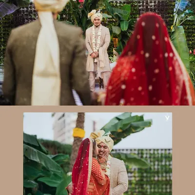 A collage capturing the bride's entrance and the moment she meets her groom for the varmala. The over-the-shoulder perspective puts you right in the middle of this emotional moment.