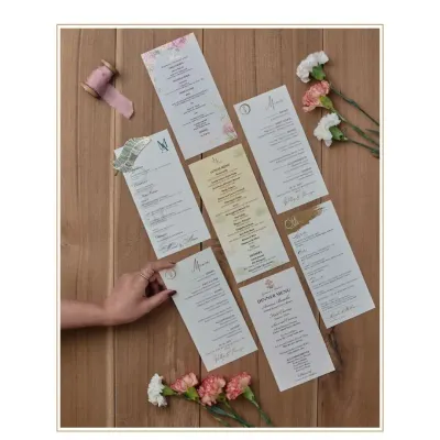 We offer a wide variety of custom menu cards to complement your wedding decor and invitation suite. This flat lay showcases several different styles, from minimalist to floral, each with its own unique character.