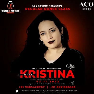 This is our official class announcement poster featuring our founder and instructor, Kristina. We conduct regular dance classes for different age groups at our associated ACO Studios in Kandivali West.