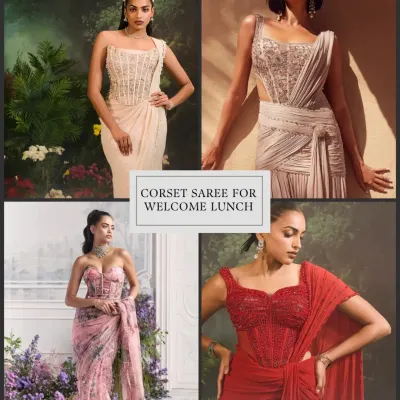 The corset saree is a perfect choice for a welcome lunch. It combines the elegance of a saree with a modern, structured silhouette for a chic and sophisticated look.