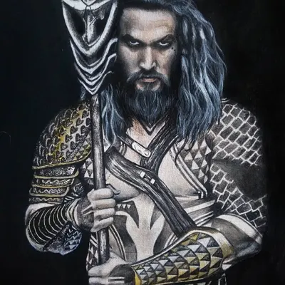 An acrylic painting of Jason Momoa as Aquaman on a black canvas. The dark background makes the details of the armor and the intensity in his eyes stand out.