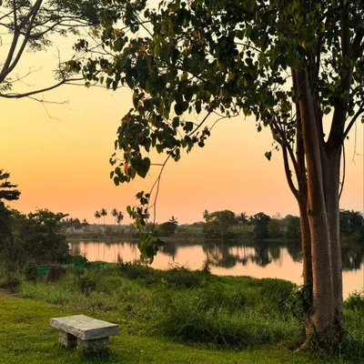 The sunset paints the sky with warmth as evening settles over the ashram. These quiet moments of reflection by the river or among the trees are a cherished part of the daily rhythm here.