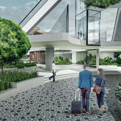 My tropical-themed landscape design for Cochin International Airport (CIAL) is coupled with futuristic architecture. An illuminated 'Deepam' sculpture welcomes passengers at the driveway, grounding the modern design in Kerala's rich traditions.