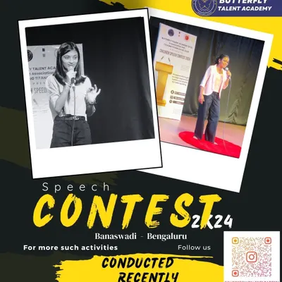 A student confidently delivering her speech during our 2024 Speech Contest. This event is designed to build public speaking skills, helping children articulate their thoughts clearly and persuasively on stage.