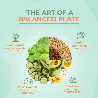 This is the art of a balanced plate. I combine plant power, fresh harvest, healthy grains, and good fats to create a meal that is clean, complete, and conscious.