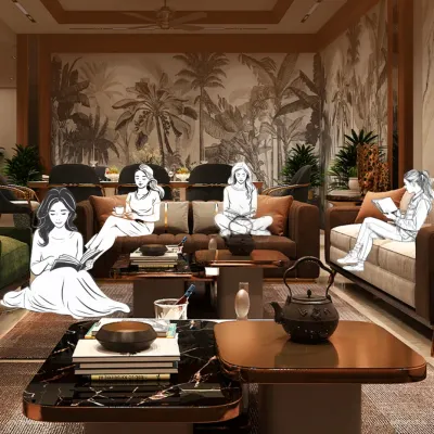 We envision spaces that inspire stories and calm. This illustration over a real project photo shows how our living rooms are designed for life to unwind, with ample seating and a connection to nature through features like a tropical wallpaper.