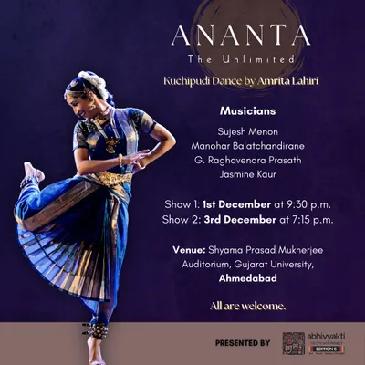 This poster captures the essence of 'Ananta', a performance exploring the infinite possibilities within dance and ourselves. It was a pleasure to bring this show to the enthusiastic audiences in Ahmedabad.
