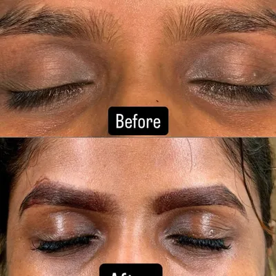 A fantastic before and after of an eyebrow micro-needling session. This semi-permanent technique creates fuller, more defined brows that perfectly frame the face, saving you time on your daily makeup routine.