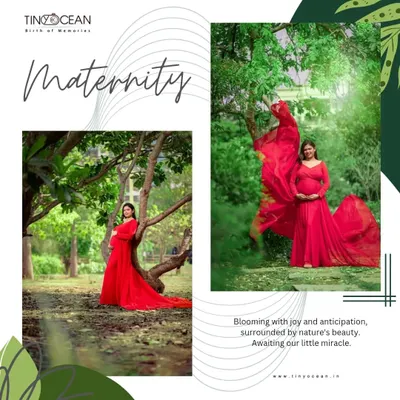 This collage showcases the beauty of an outdoor maternity shoot, with the mom-to-be in a flowing red gown surrounded by lush greenery. It highlights the vibrant and natural feel of our park sessions.