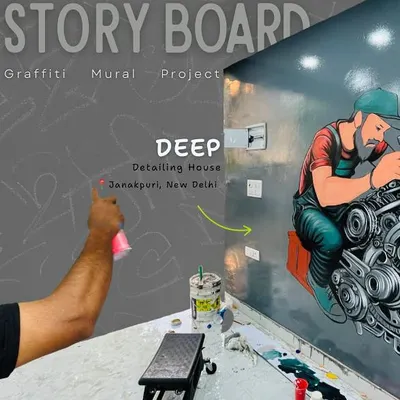 This storyboard-style image shows the concept for a mural at Deep Detailing House in Janakpuri. The goal was to visually represent the craft of car detailing through bold characters and mechanical elements.