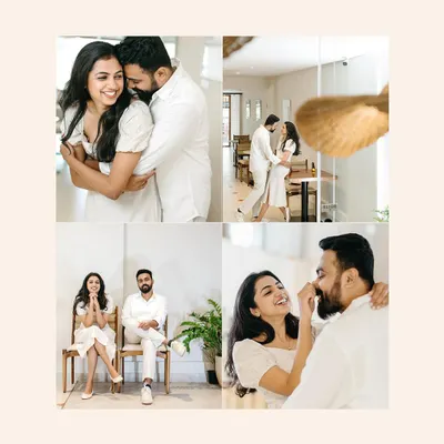 A beautiful collage from a minimalist indoor shoot. The all-white outfits and clean setting allow the couple's playful and romantic interactions to be the complete focus.