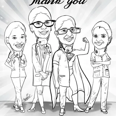 The black and white line art version of the 'Thank You' caricature for the Hiranandani Hospital team. One of the doctors is shown as Superman, a small detail to show their heroic effort.