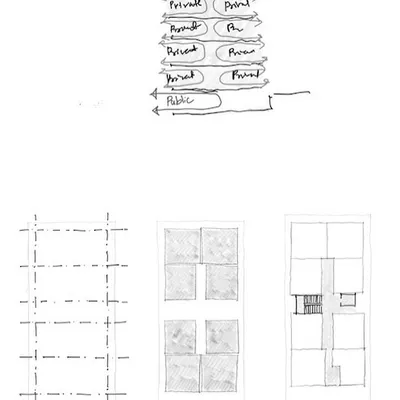 Diagrams are essential tools I use to explain a design's logic to my clients. These simple sketches show the structural grid, the sequence of spaces, and the zoning of public versus private areas, making the architectural plan easy to understand.
