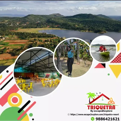 This graphic gives you a glimpse of what we offer: a beautiful dining area, rope activities, and kayaking, all with a stunning landscape as the backdrop.