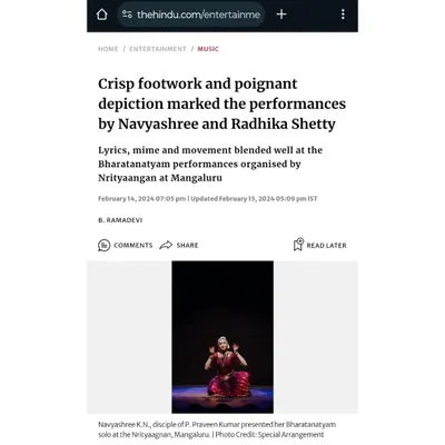 A screenshot of the review of my performance in Mangaluru, featured in The Hindu. I am grateful for the critic's words on my footwork and depiction of the narrative.
