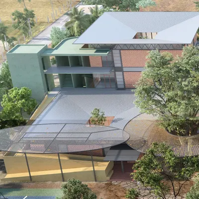An aerial render of The Atelier campus, showing how individual building pods are arranged around a central open space with unique canopy structures. This master plan breaks down a large institution into a more human-scaled, village-like environment.